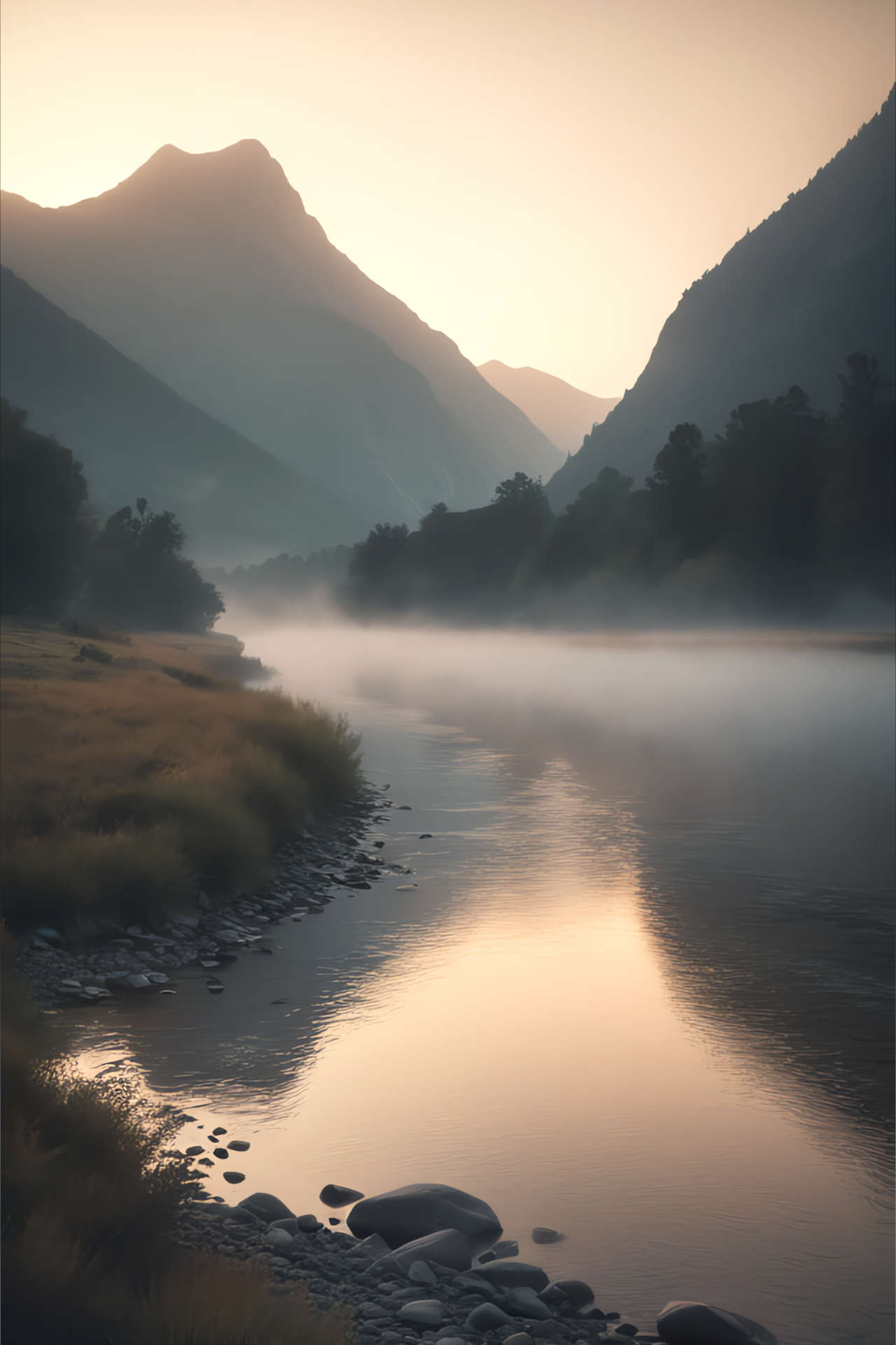 Serene Mountain Landscape at Sunset, with Mist Rising from a River