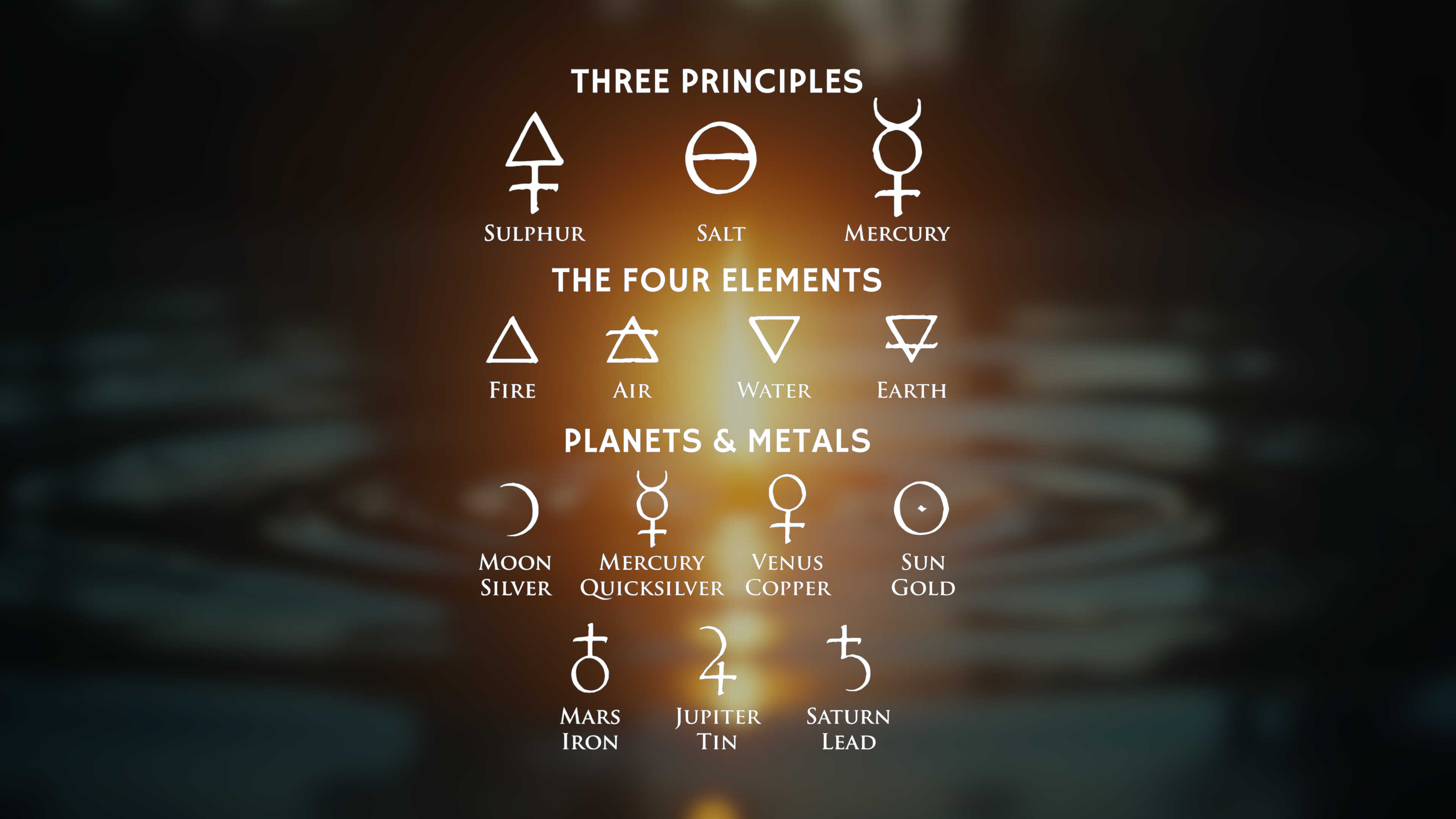 Alchemical symbols over a single flame