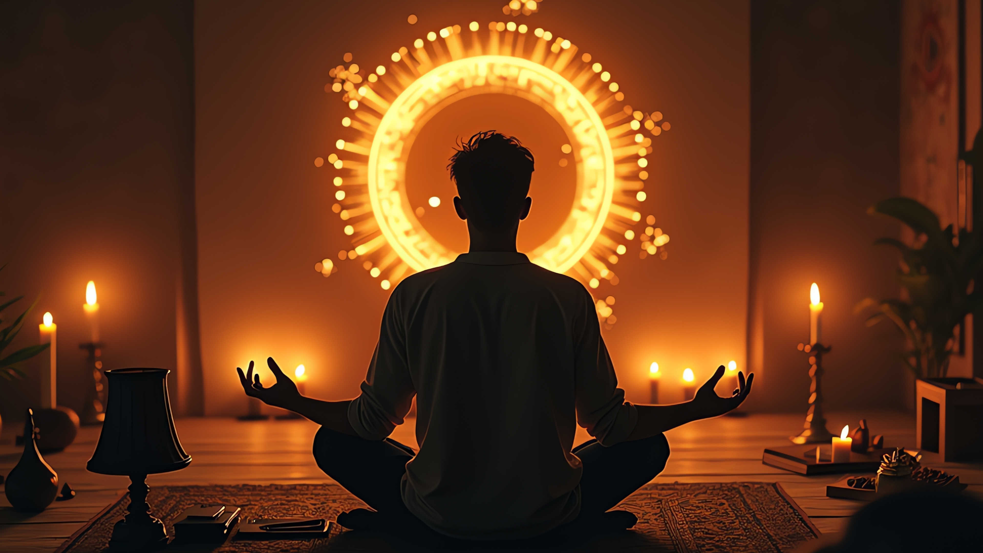 A person sitting for meditation with candles