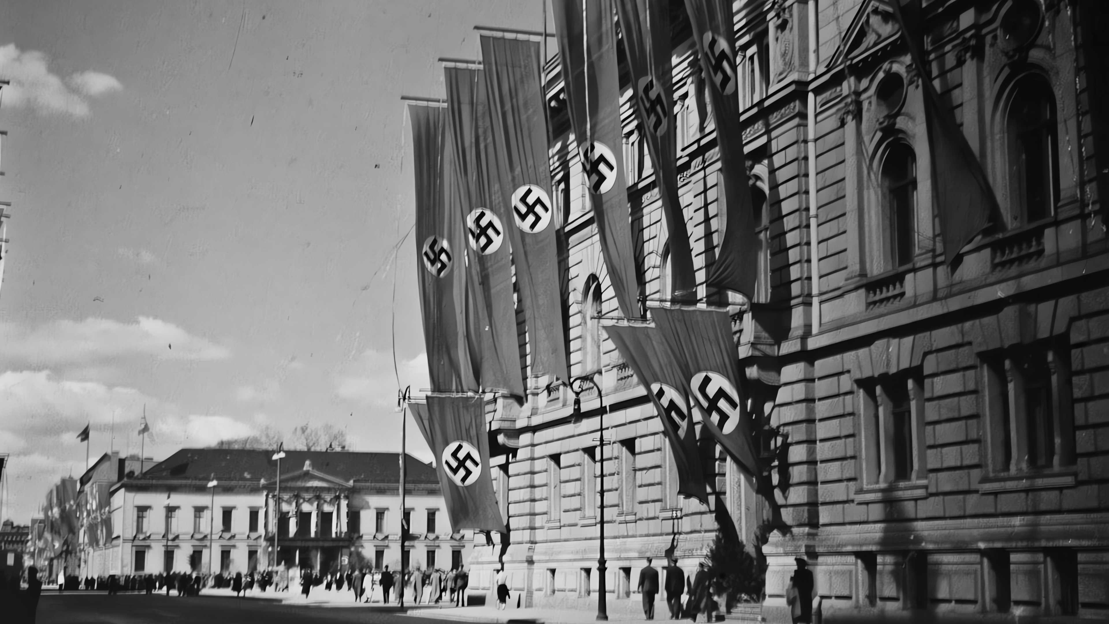 Swastikas on banners hanging on buildings in Nazi Berlin, Germany