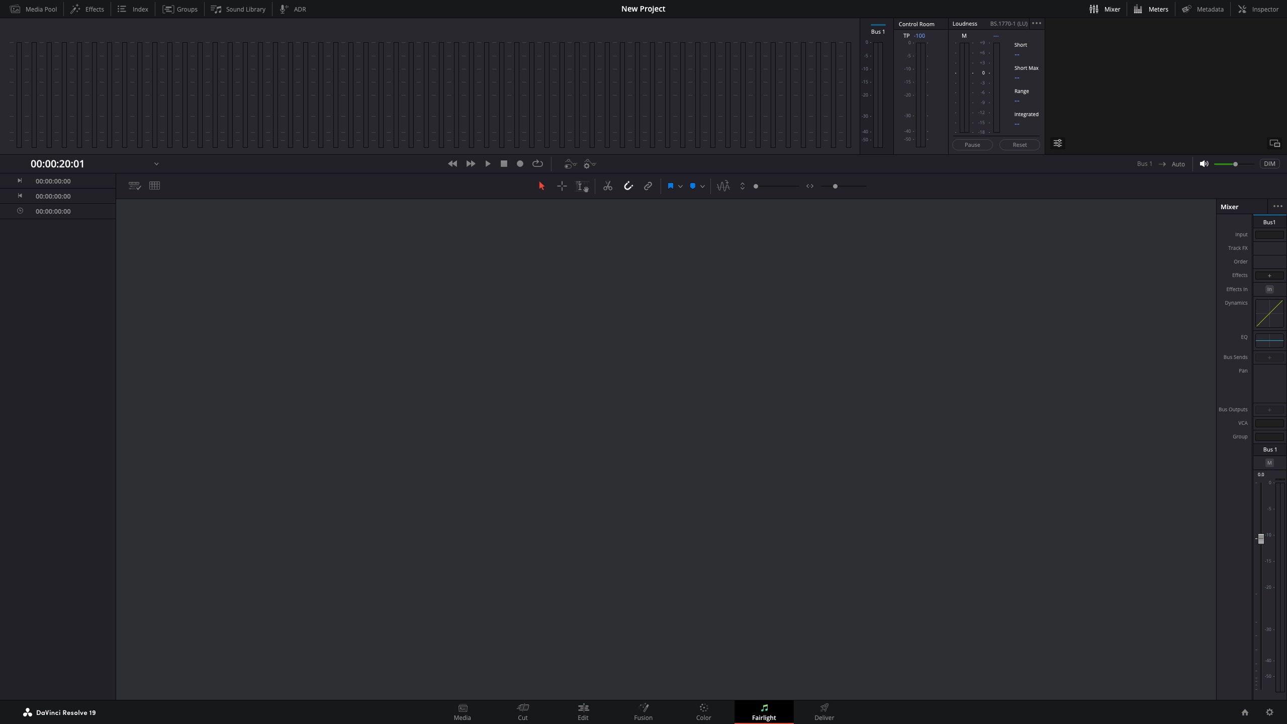 Screenshot of the default Fairlight page layout