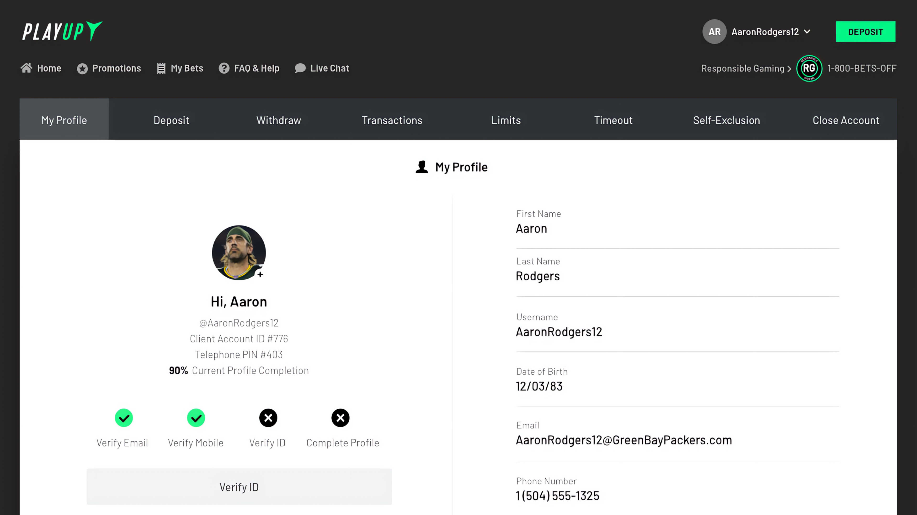 PlayUp screen showing internal account section navigation