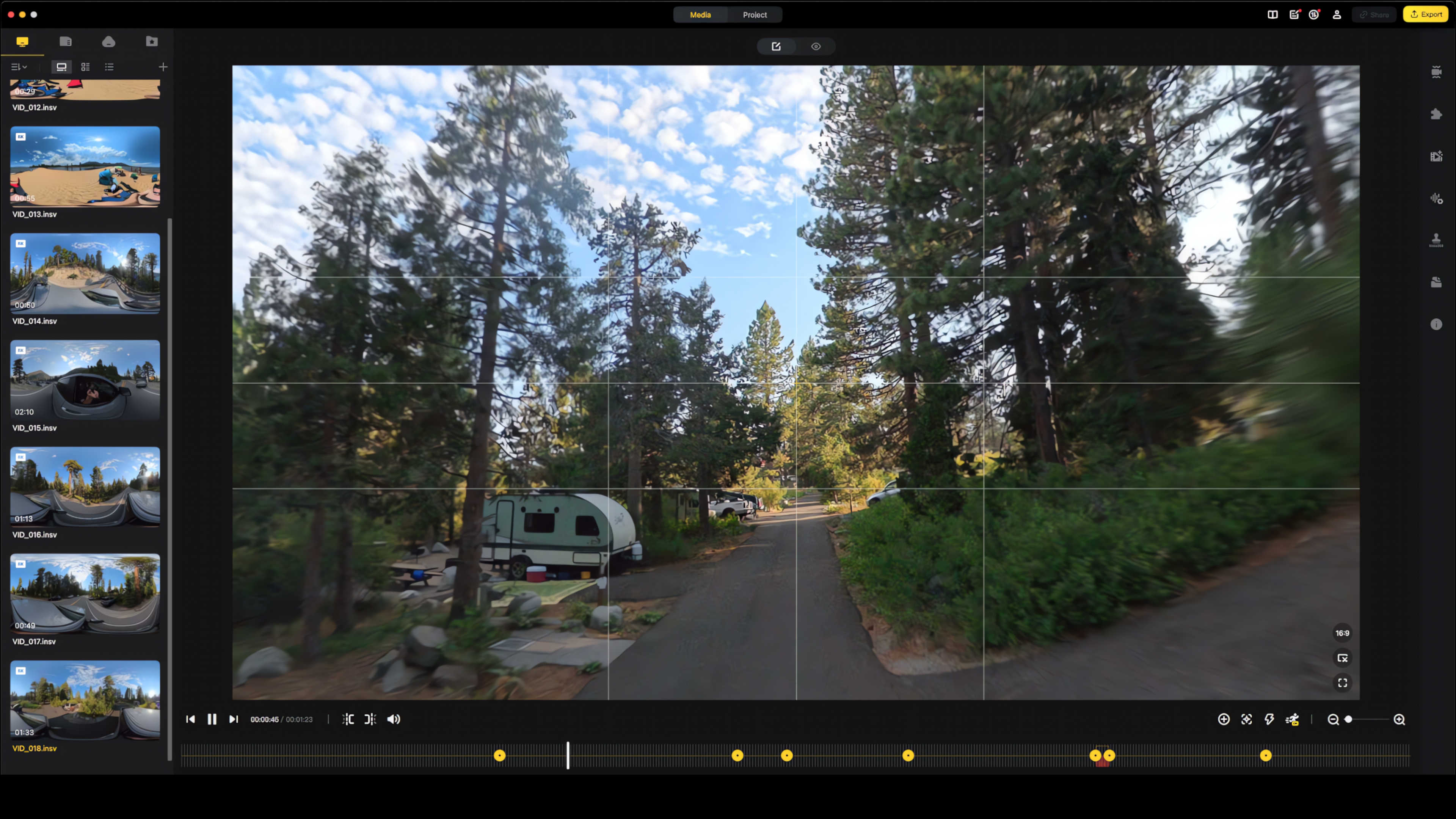 Image of a video editing timeline on a screen, specifically Insta360 Studio