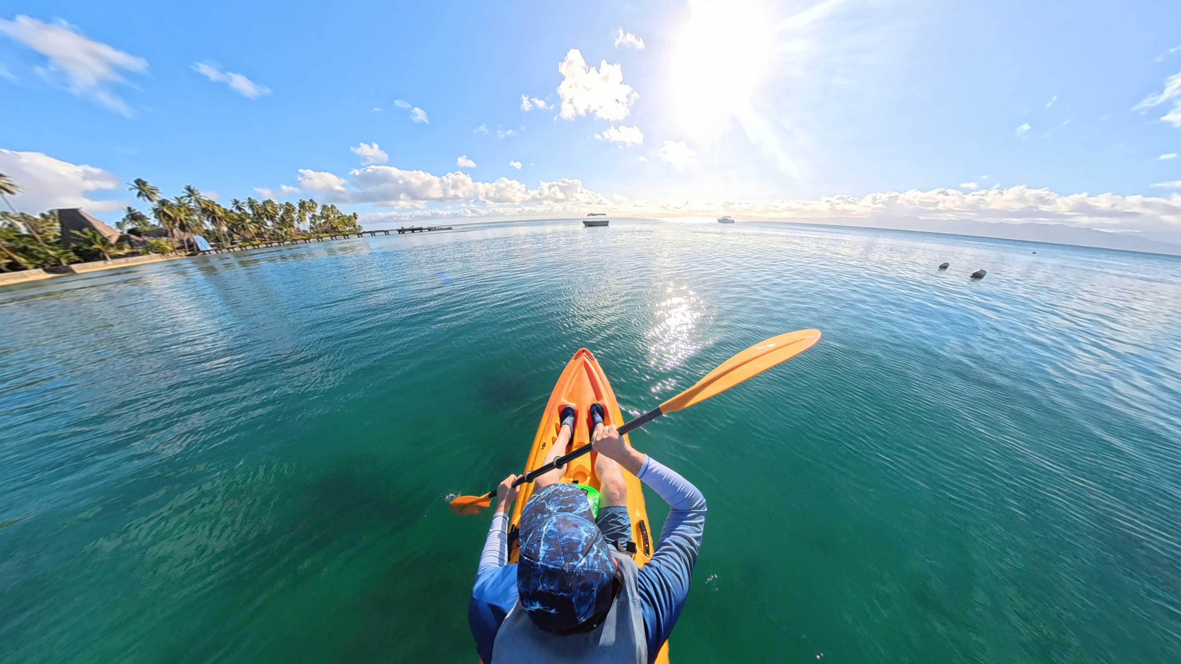 An overhead photo of me kayaking on Savusavu Bay