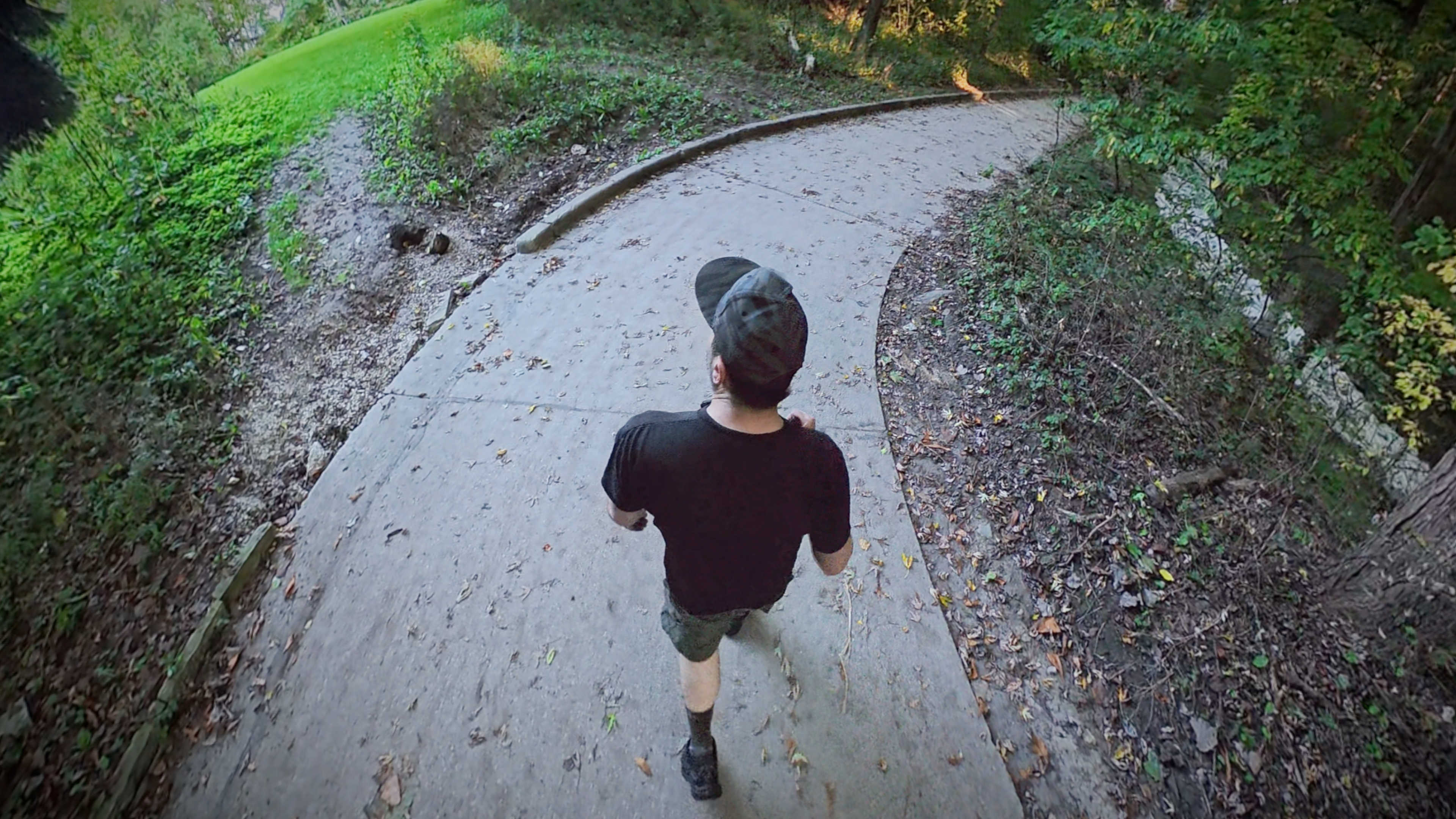 Me walking down the footpath, shot from behind and above