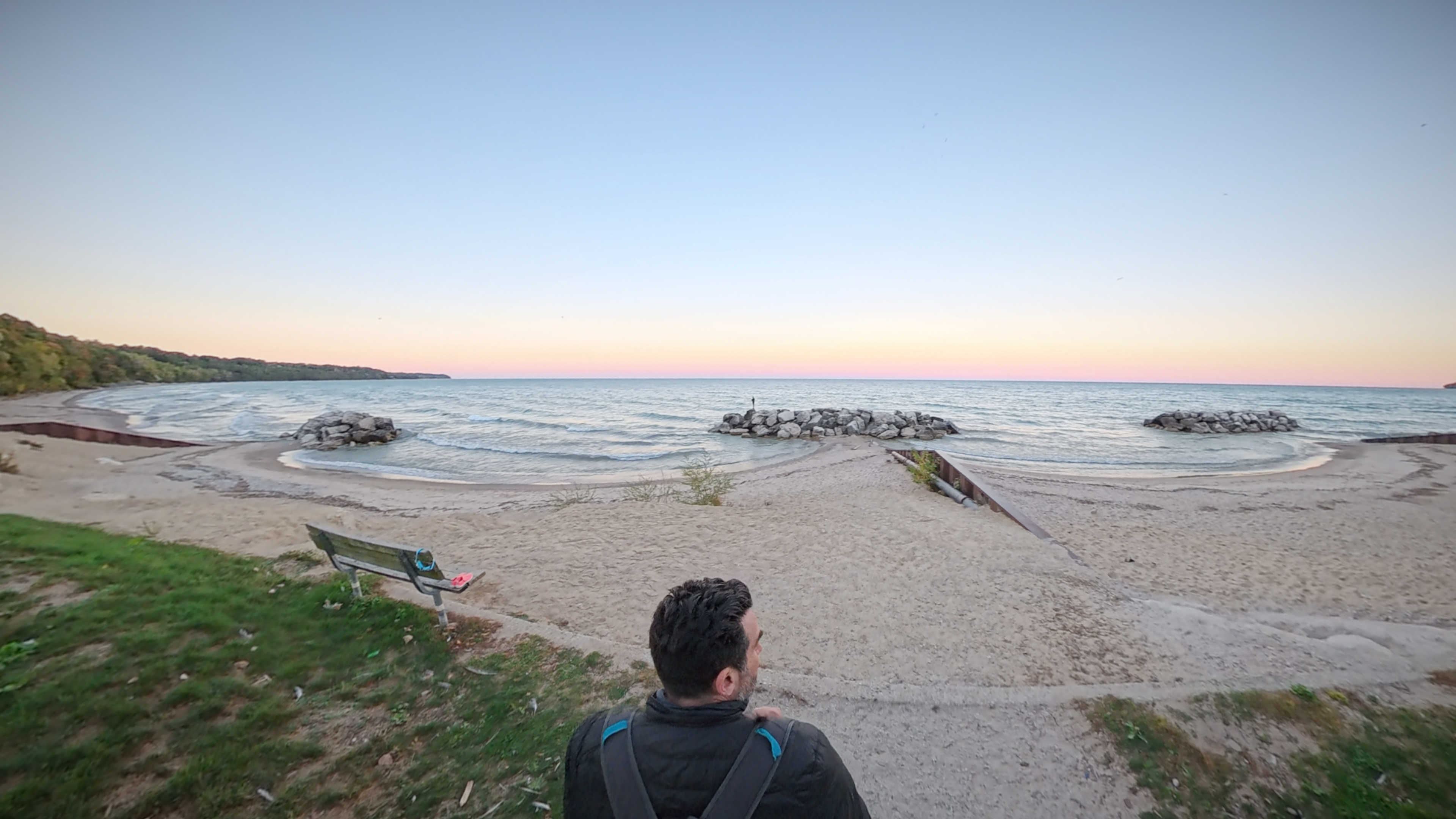 Me walking down the footpath, shot from behind and above