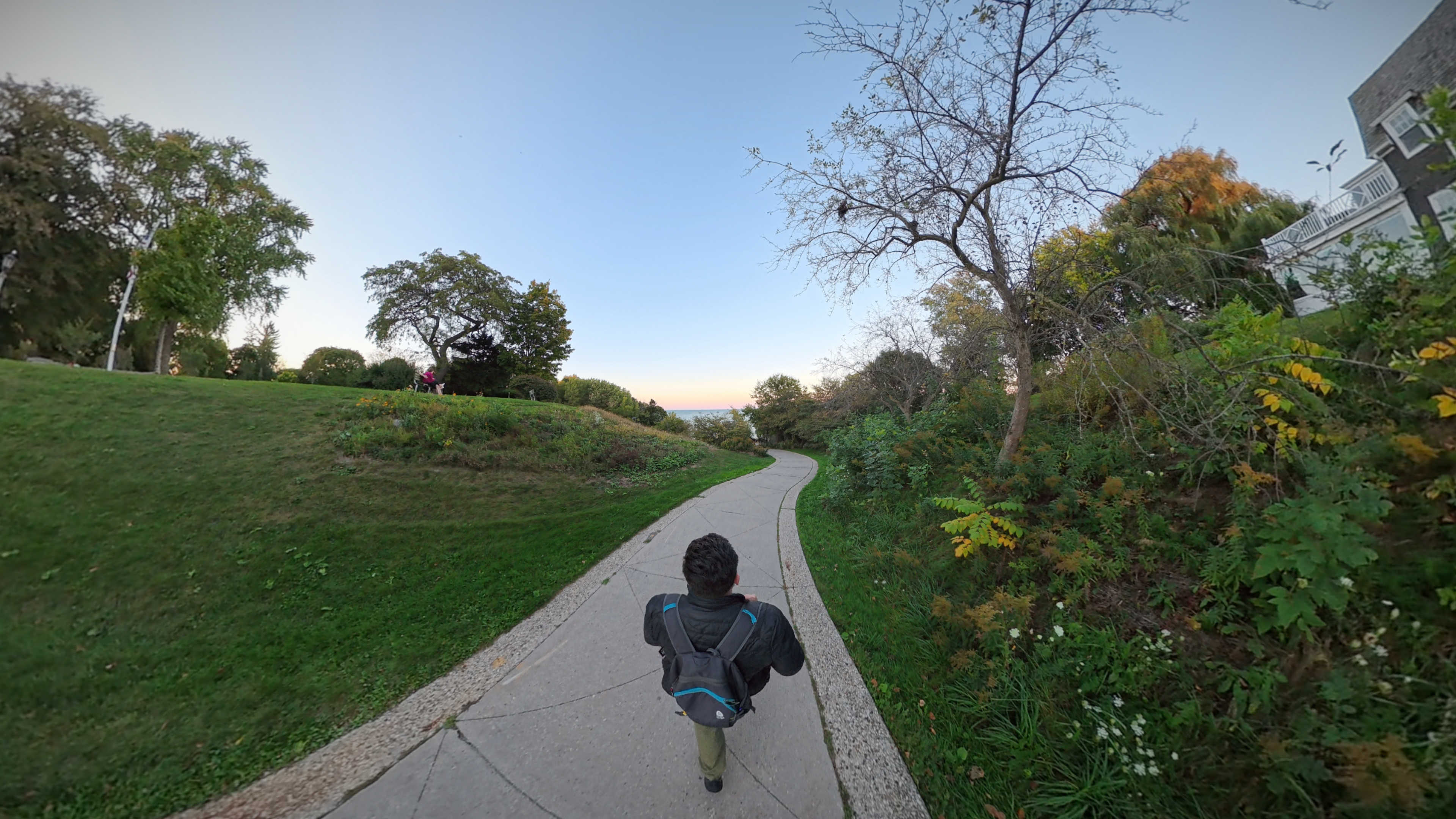 Me walking down the footpath, shot from behind and above
