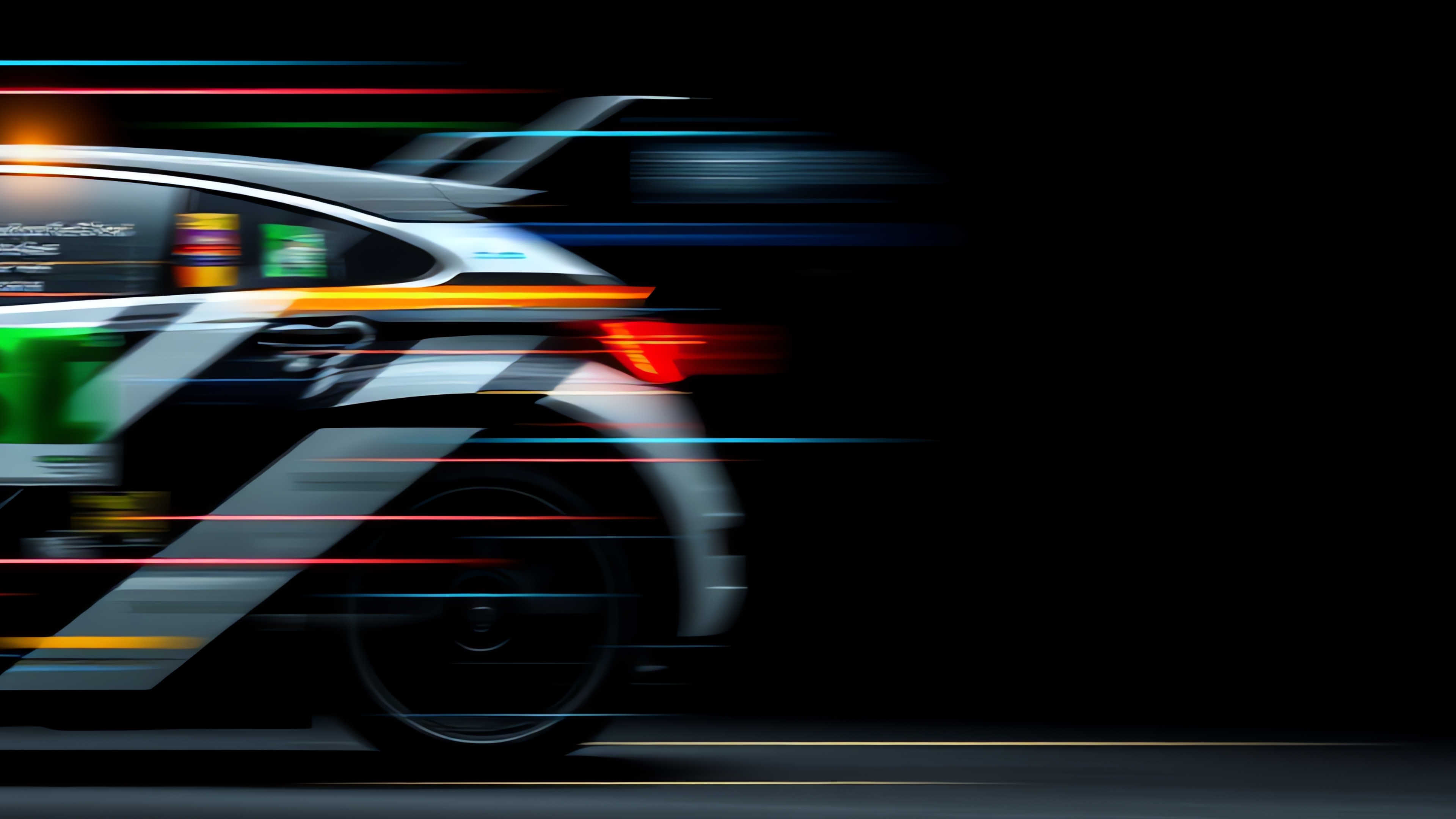 Digital rendering of a racecar zooming offscreen to the left