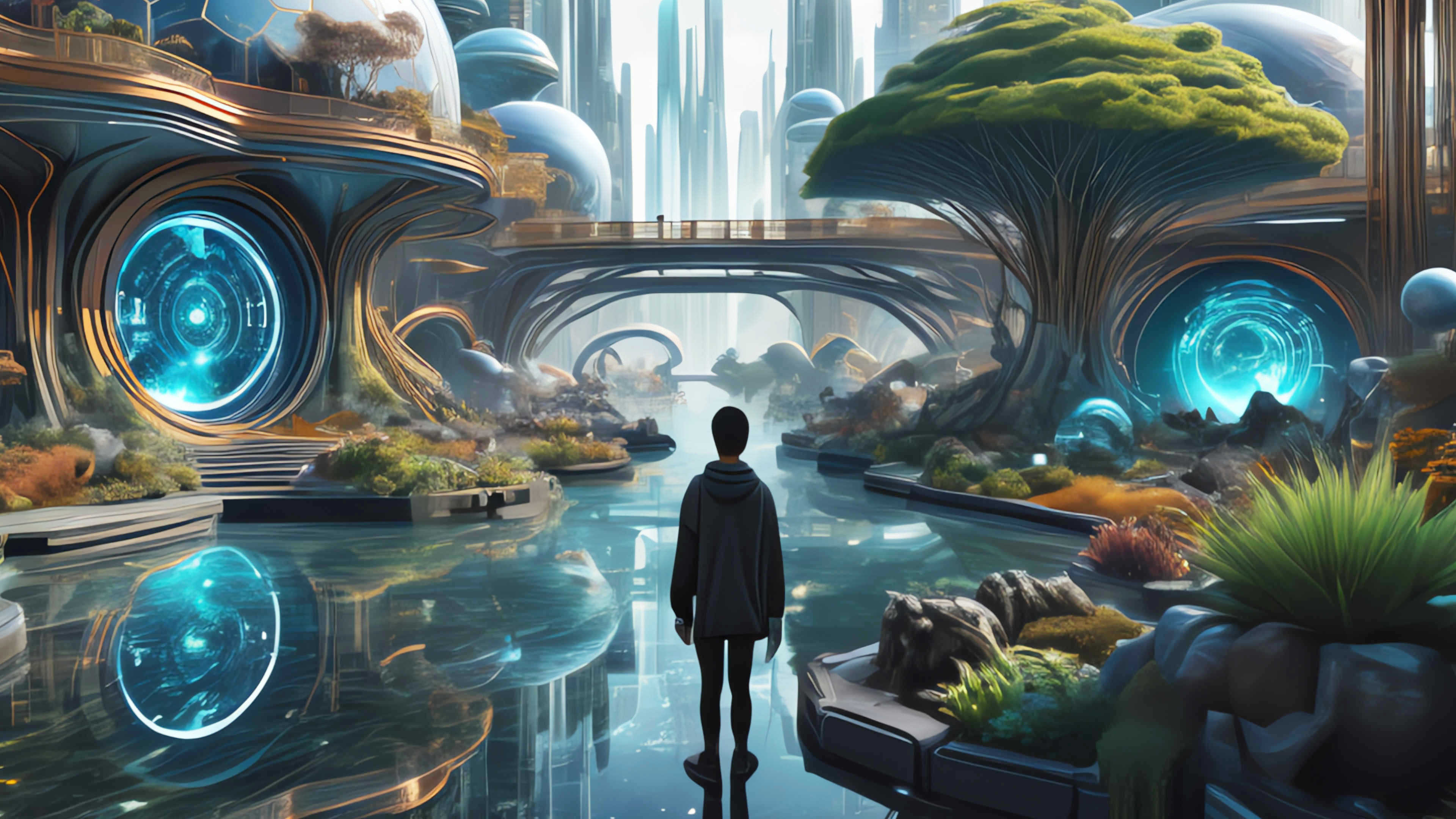 Fantastical vision a man standing at the threshold of new futuristic worlds 