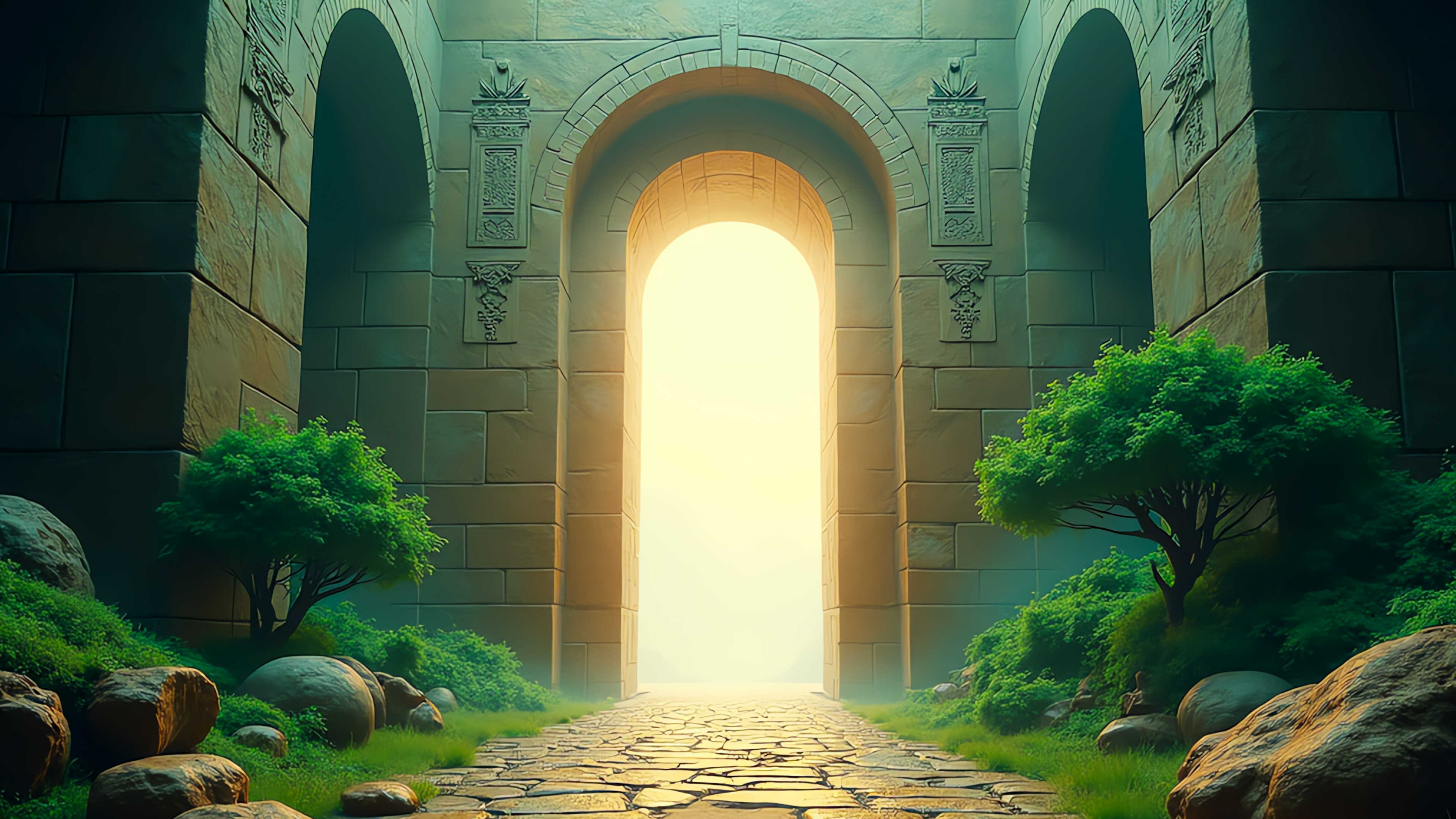 A doorway through a large rock wall