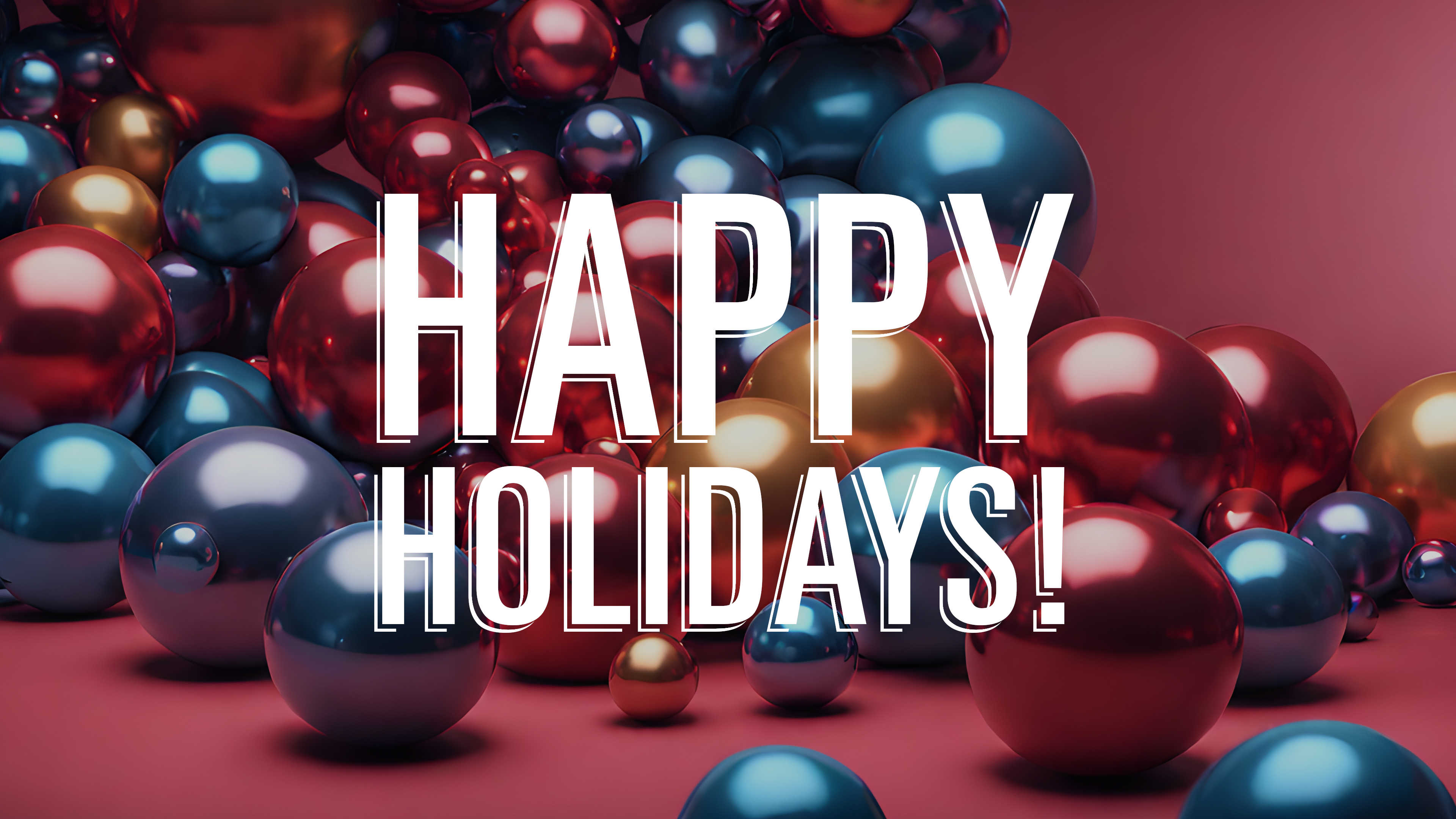 Happy Holidays graphic over a bright background of colored balls spilling out of a basket