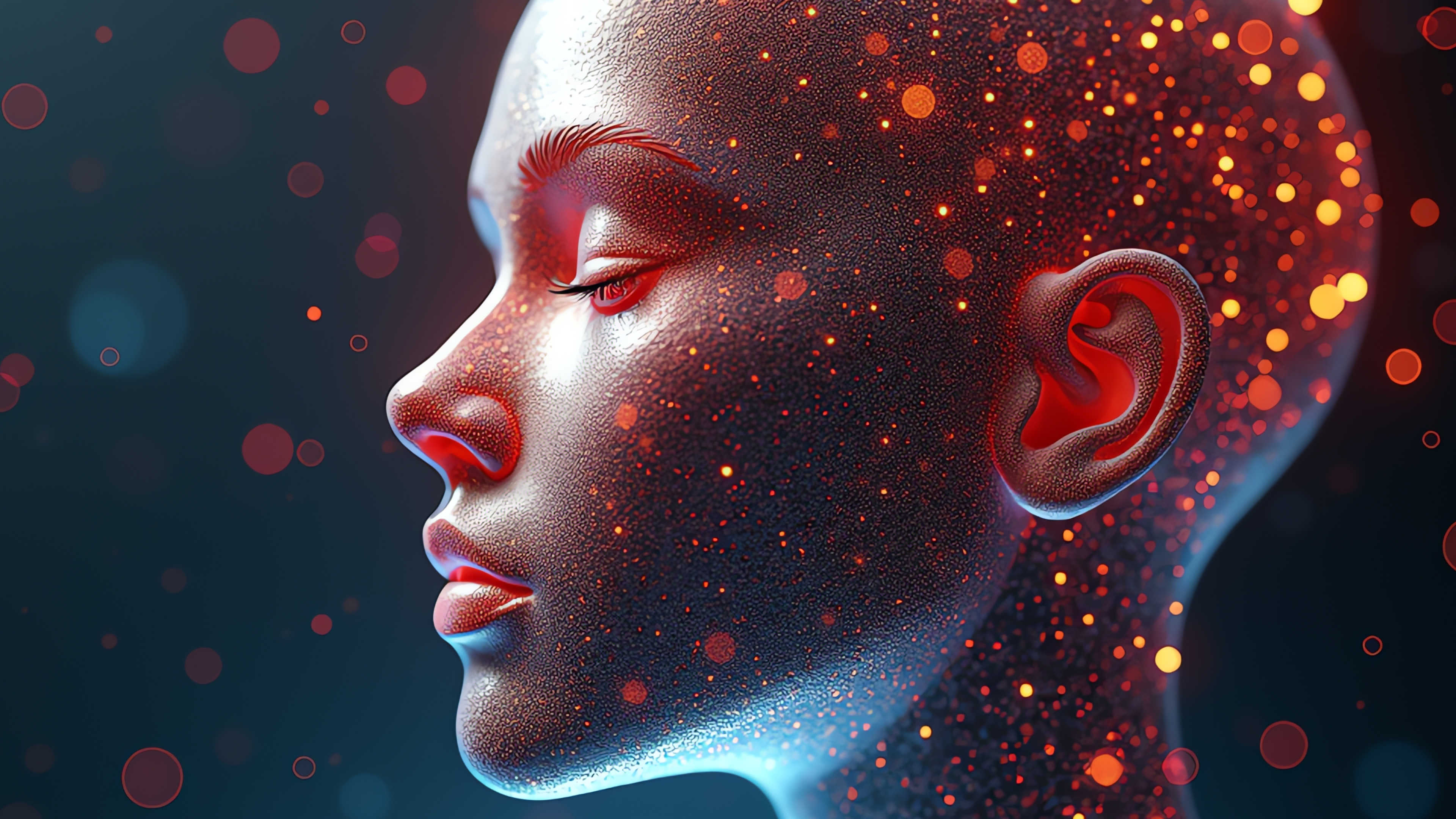 A profile of a woman's head with lights sparkling from the back of her head