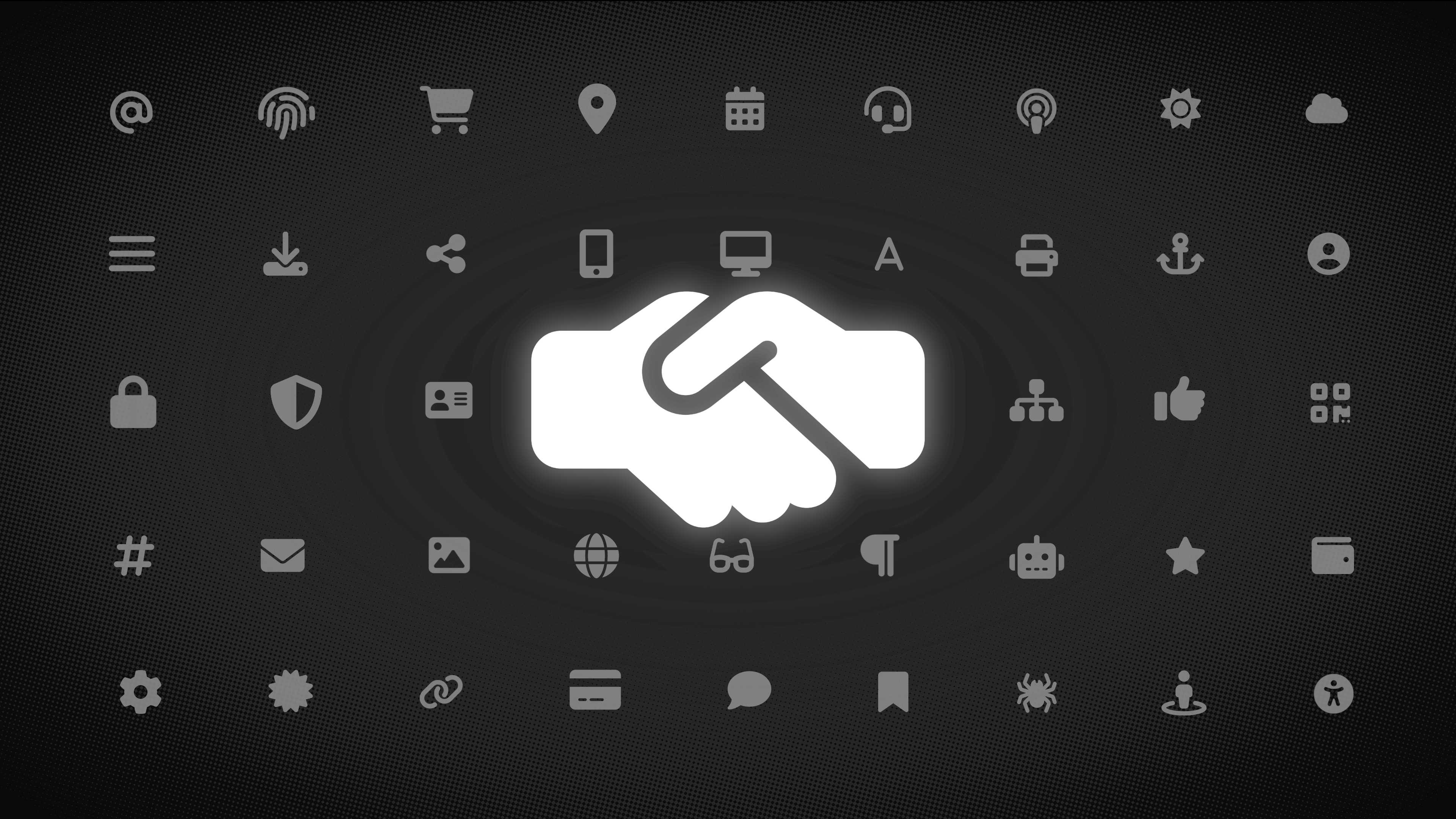 A white handshake icon over a field of smaller icons and a dark background