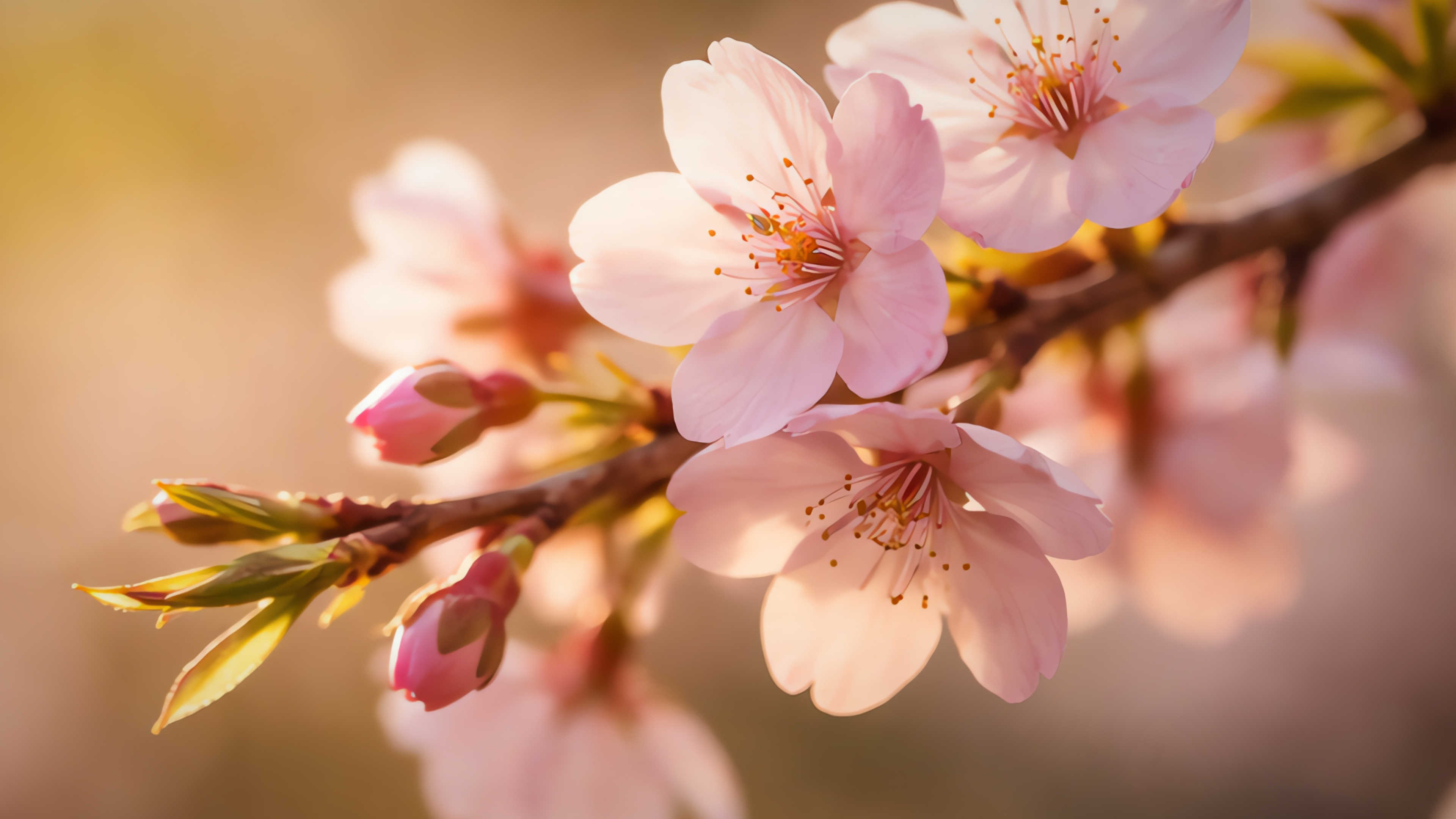A closeup of cherry blossoms on a branch in the sun