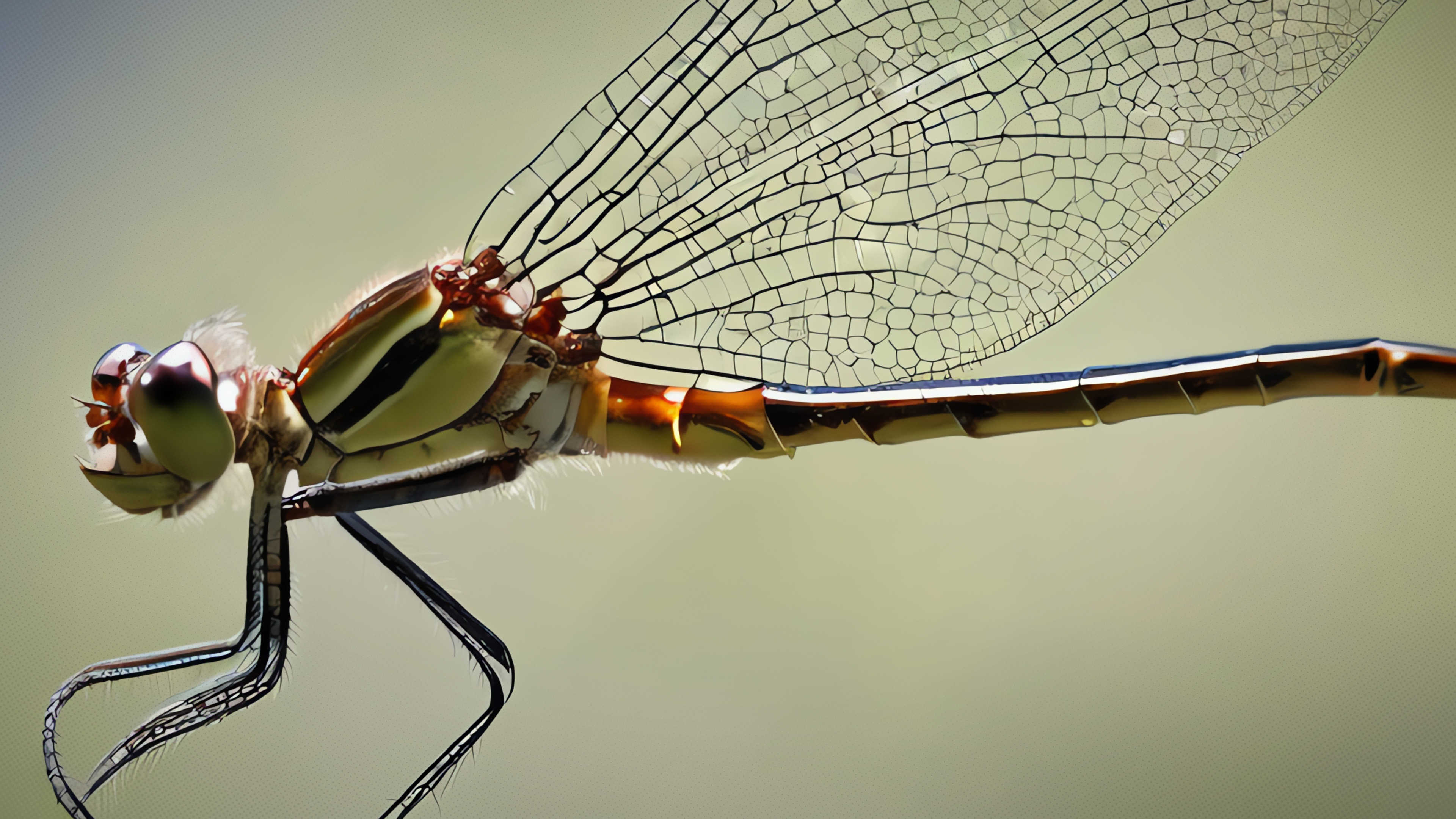 A macro rendering of a dragonfly from the left, with intricate colors and wing patterns
