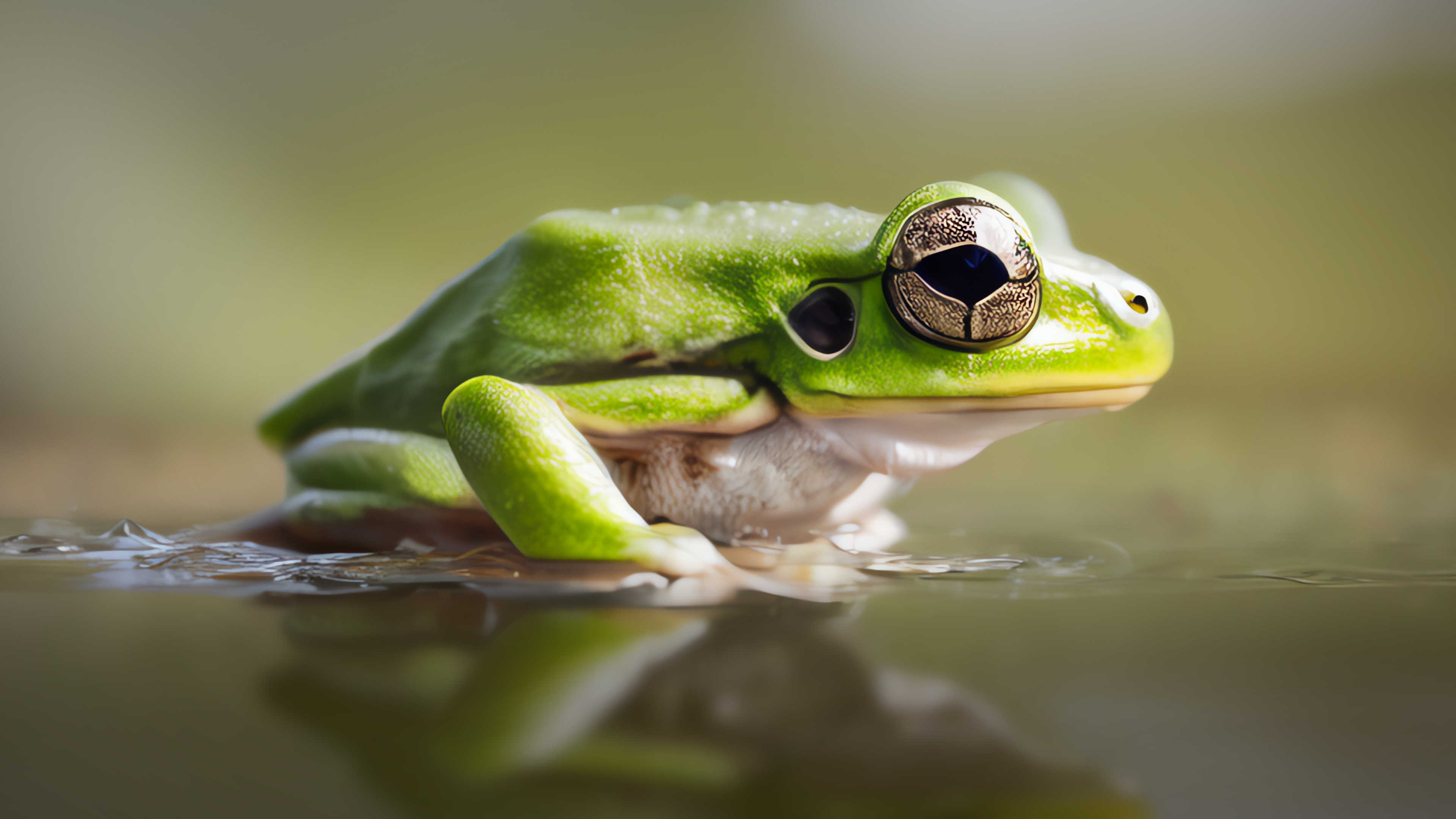 A small green frog sitting in a puddle of water