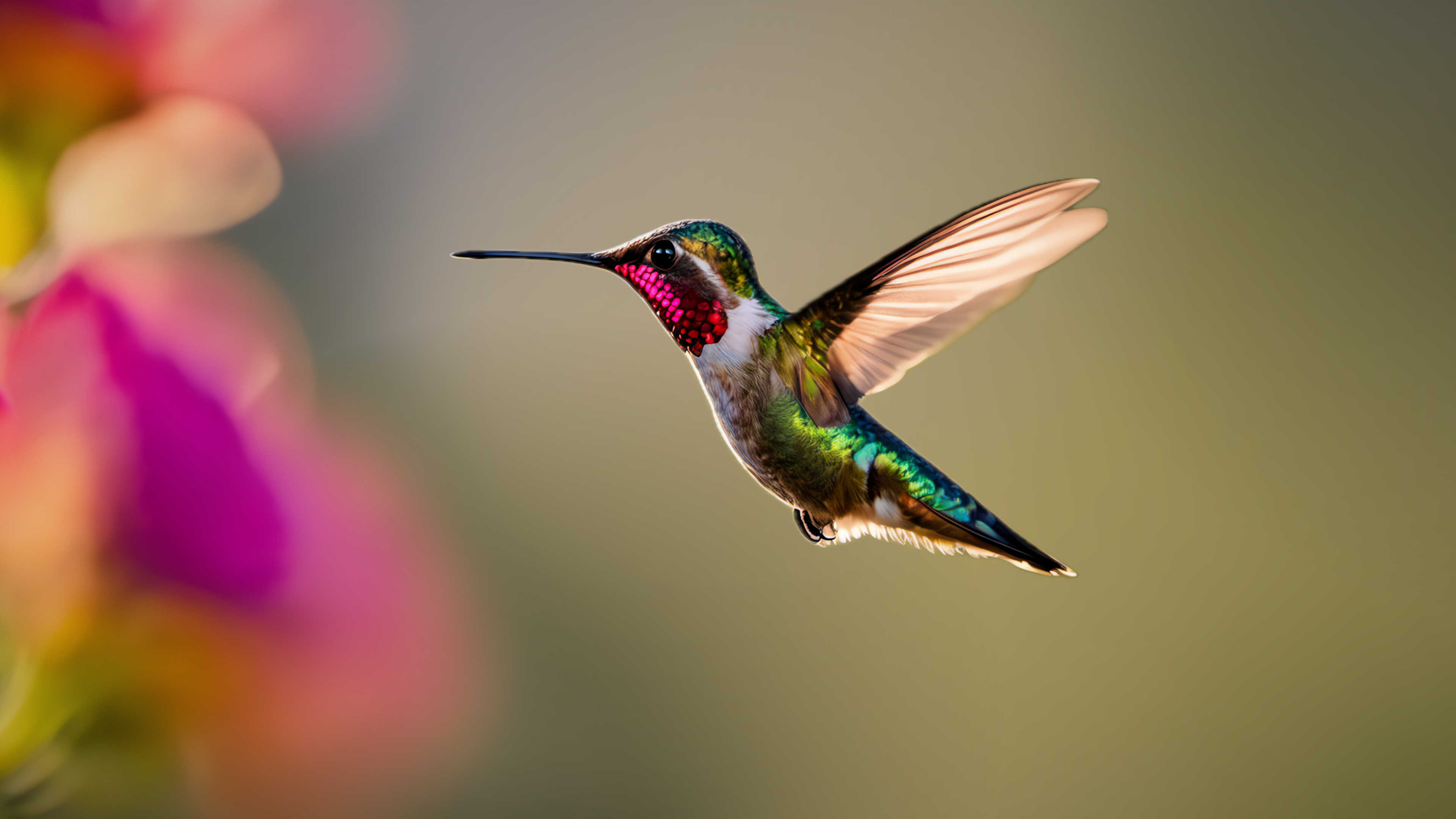 A bright, hummingbird suspended in sharp focus in front of a blurred flowery landscape